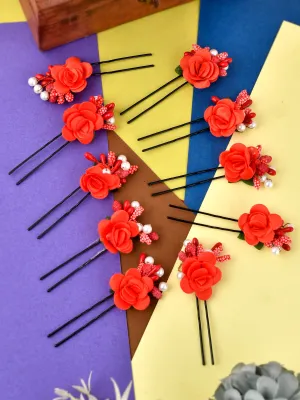 Set of 10 women Red flower embellished beaded U pins