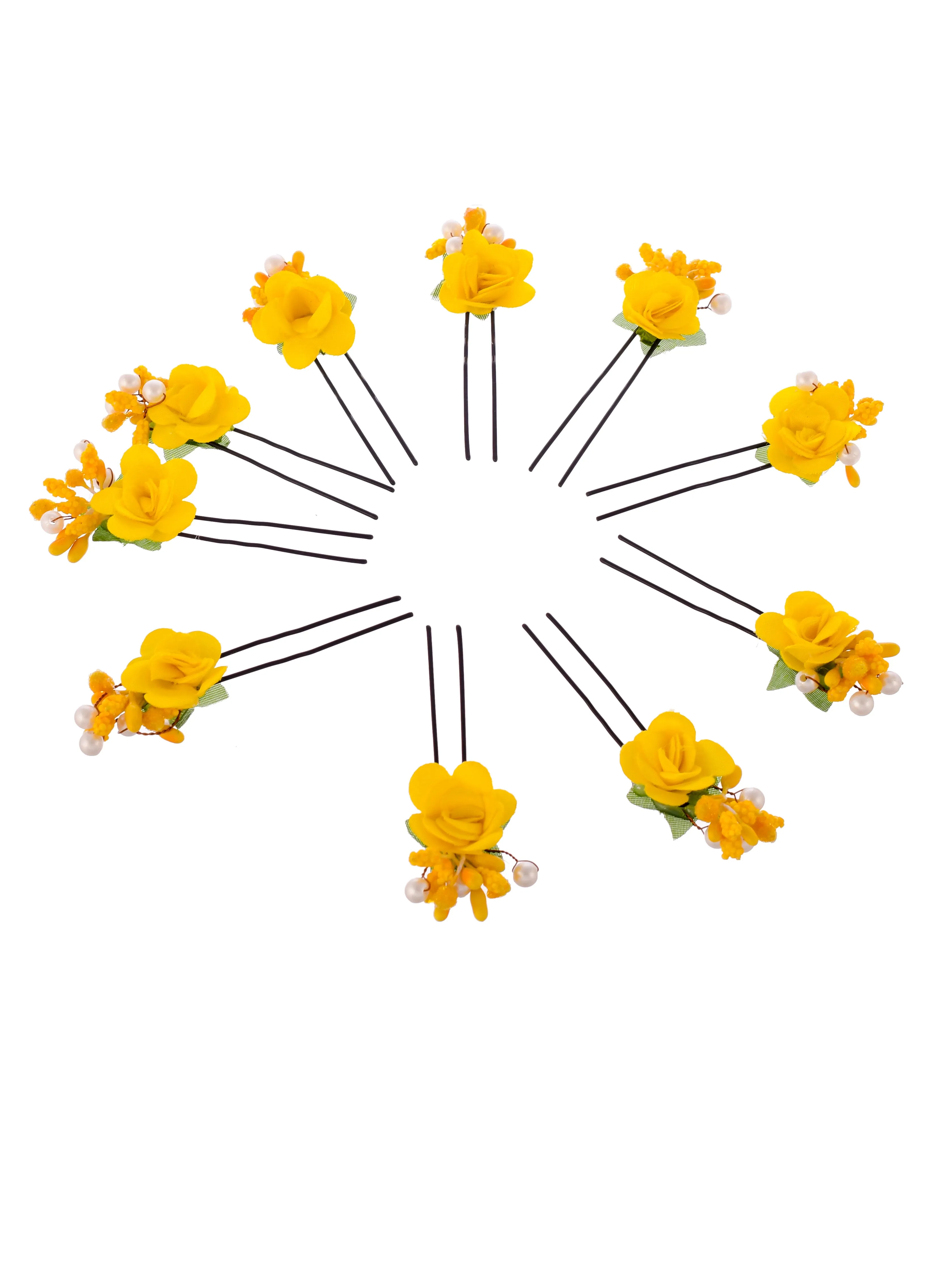 Set of 10 women Yellow flower embellished beaded U pins