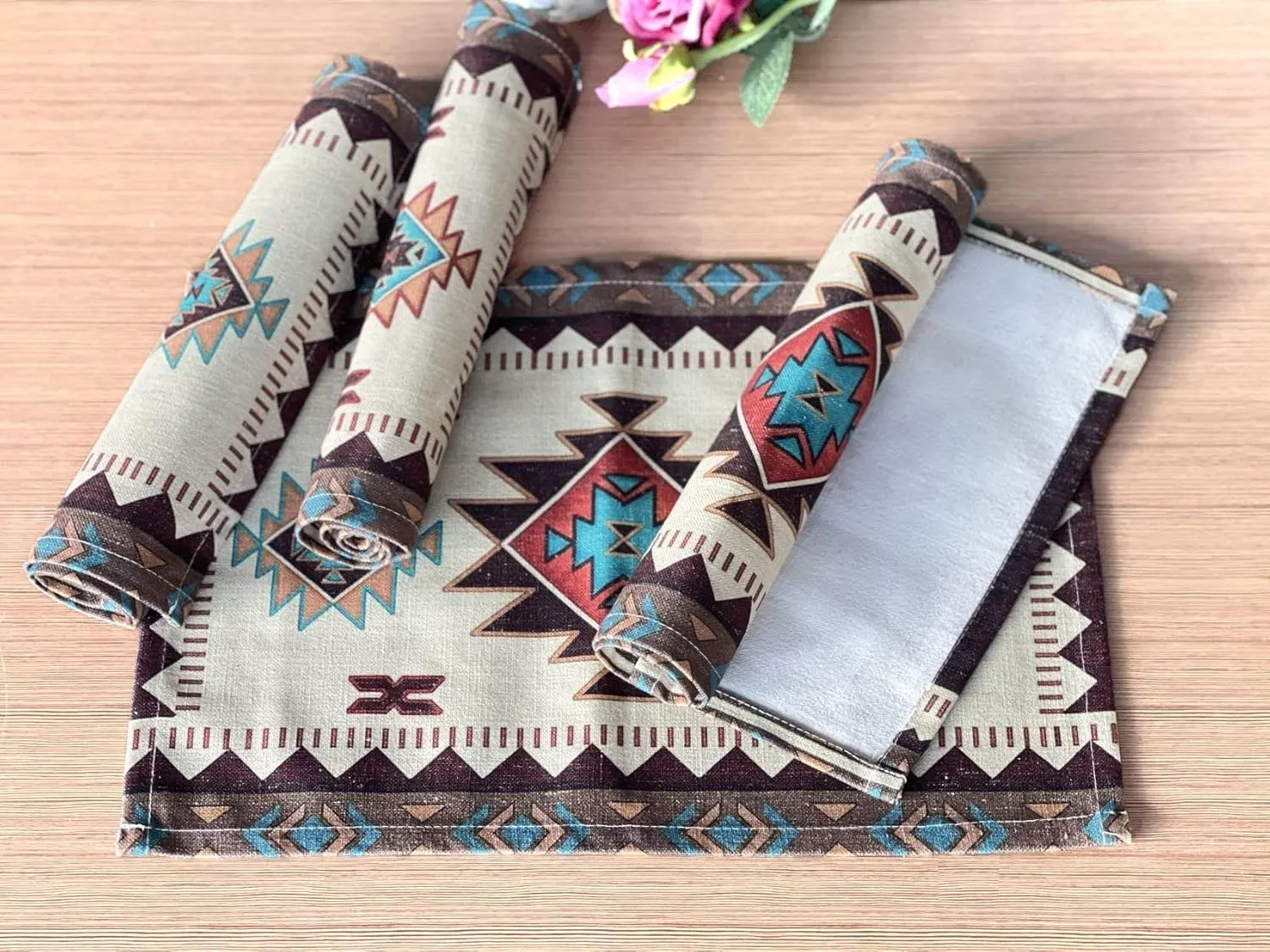 Set of 4 Placemats Southwest Geometric Rectangle 18 X 13 Inch Table Setting Decor for Garden Farmhouse Wedding Party Holiday Dinner Home Decoration Everyday Cotton Linen
