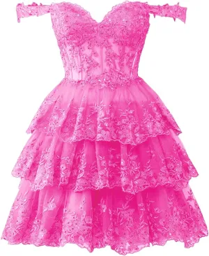 Sevintage Off Shoulder Lace Sparkly Tulle Homecoming Dress Short 2025 Corset Tiered Formal Party Gown