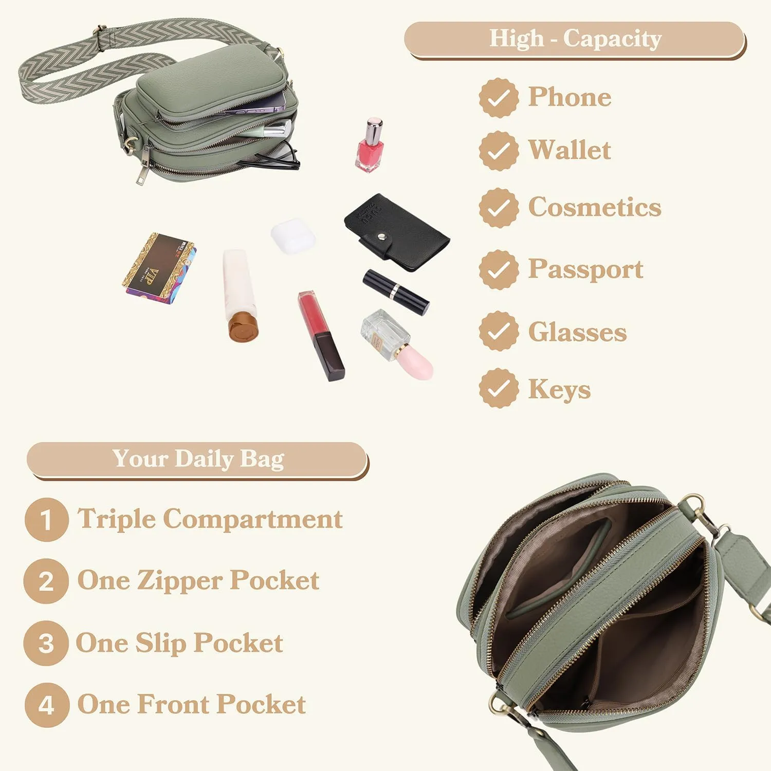 SG SUGU Small Crossbody Bag for Women, Triple Compartment Shoulder Handbags with Adjustable Strap, Camera Purse for Everyday