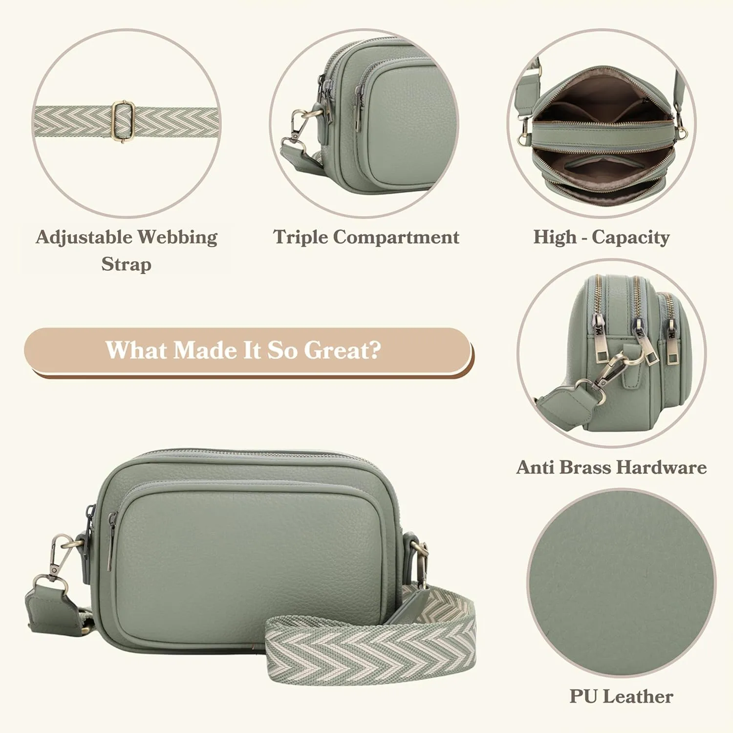 SG SUGU Small Crossbody Bag for Women, Triple Compartment Shoulder Handbags with Adjustable Strap, Camera Purse for Everyday