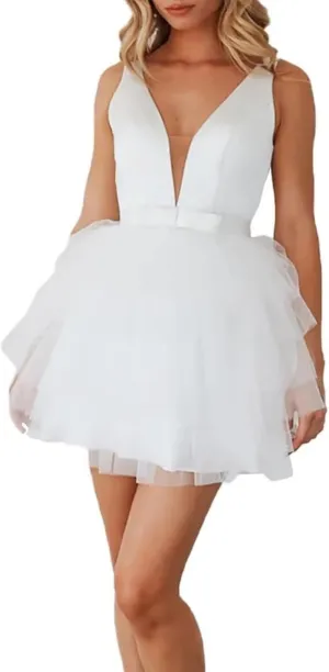 Short Lace Wedding Dresses for Bride 2025 Tiered Puffly Tulle V-Neck BridalGowns with Bow