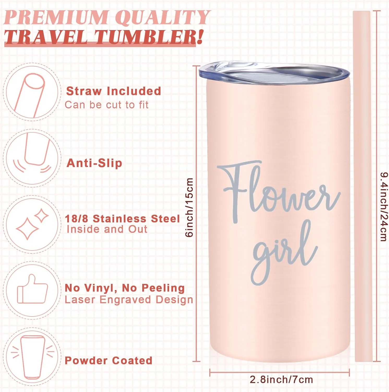 Sieral 2 Pcs 16 oz Flower Ring Bearer Tumbler Cup Stainless Steel Cup with Straw Water Bottle Gift Idea for Wedding Party(Black, Pink)