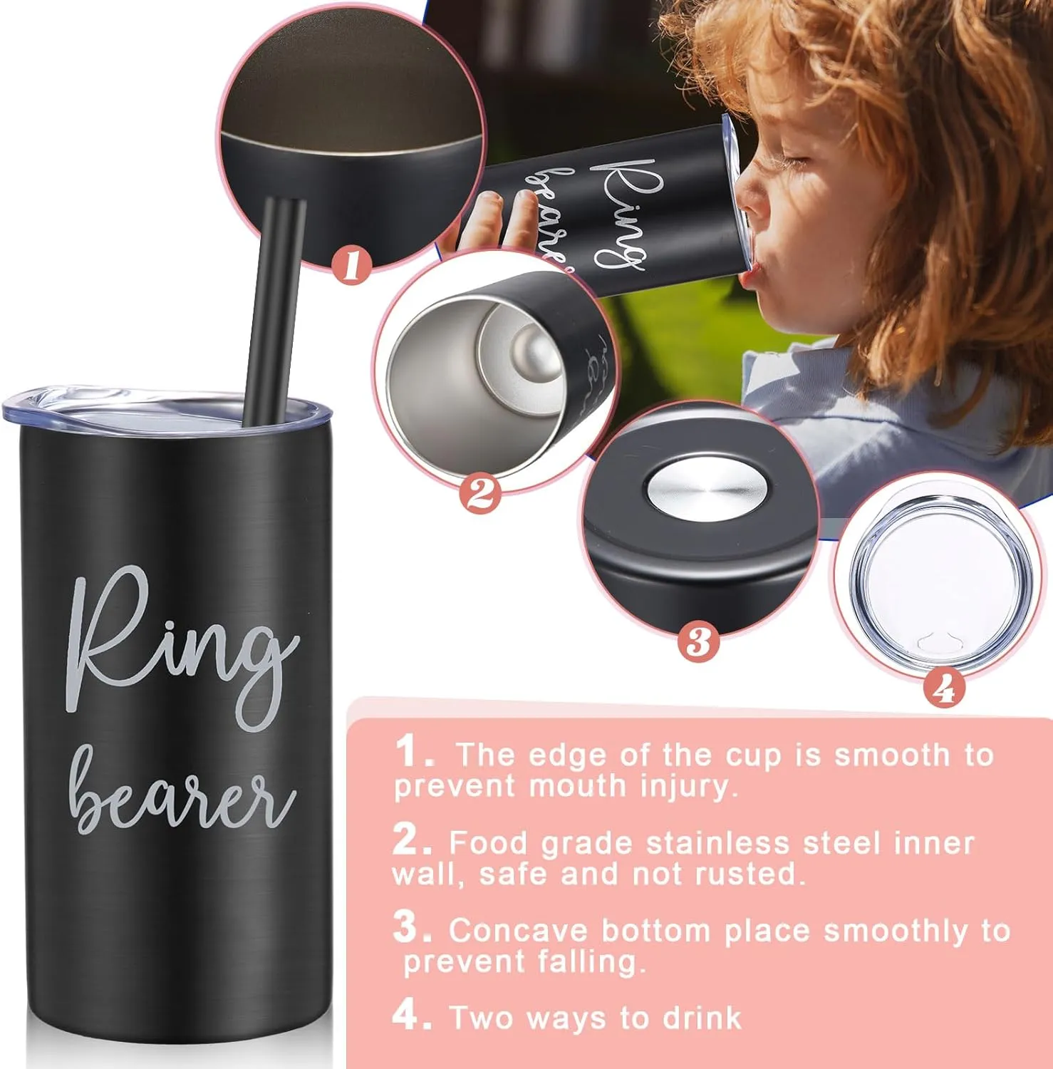 Sieral 2 Pcs 16 oz Flower Ring Bearer Tumbler Cup Stainless Steel Cup with Straw Water Bottle Gift Idea for Wedding Party(Black, Pink)