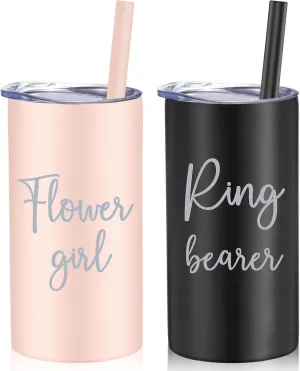 Sieral 2 Pcs 16 oz Flower Ring Bearer Tumbler Cup Stainless Steel Cup with Straw Water Bottle Gift Idea for Wedding Party(Black, Pink)