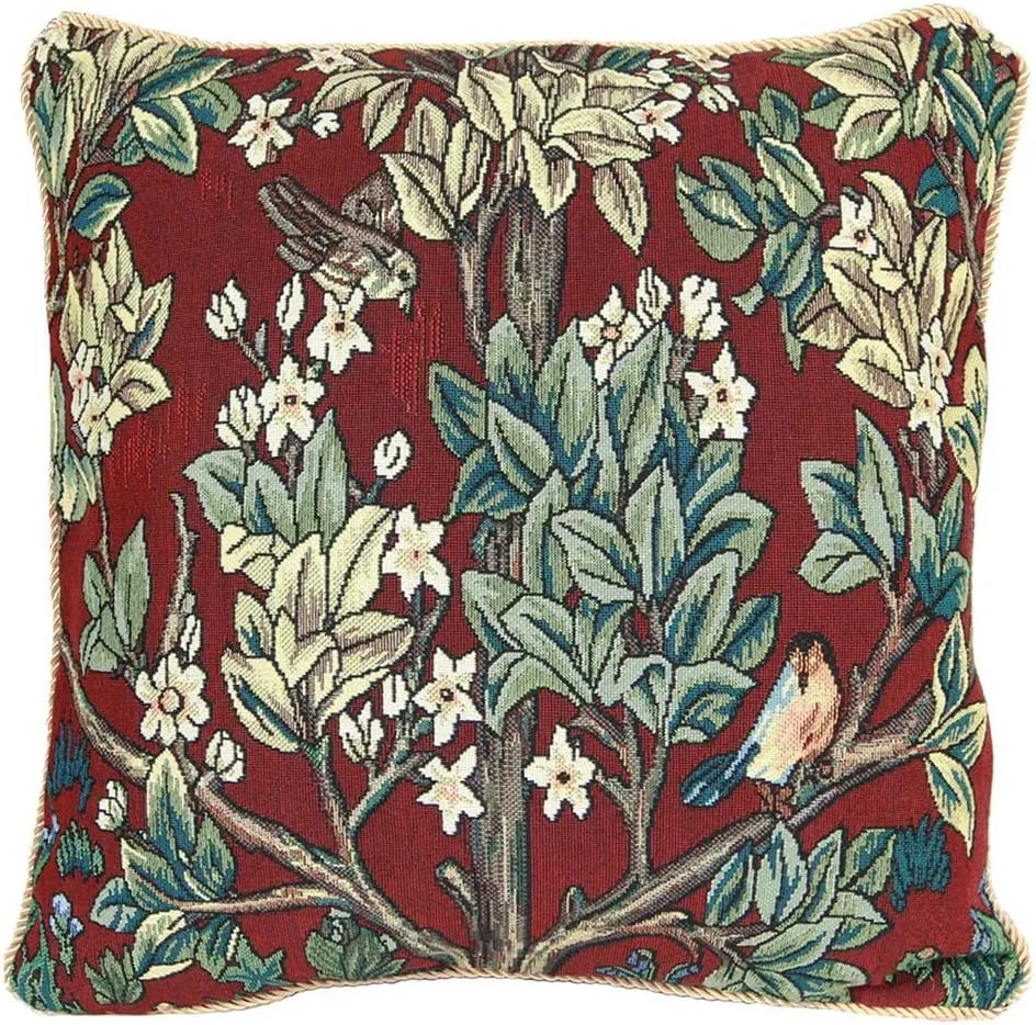 Signare William Morris Artist Tapestry Double Sided Square Throw Pillow Cover 18" x 18"/ 45cm x 45cm (No Padding) in Red Tree of Life Design