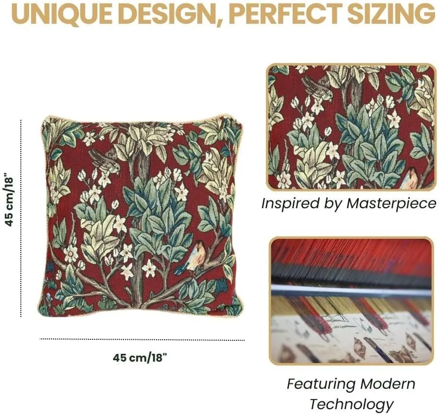 Signare William Morris Artist Tapestry Double Sided Square Throw Pillow Cover 18" x 18"/ 45cm x 45cm (No Padding) in Red Tree of Life Design