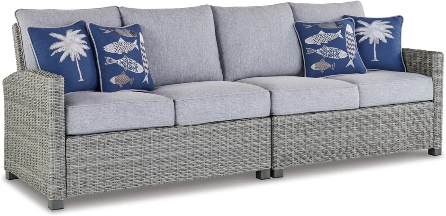 Signature Design by Ashley Naples Beach Casual Outdoor Right and Left-arm Facing Loveseat with Cushion and 4 Throw Pillows, Set of 2, Light Gray