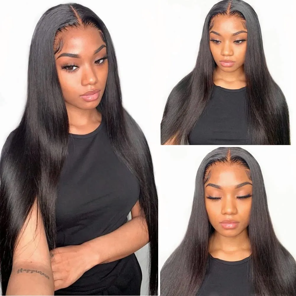 Silky 24Inch Straight Human Hair Glueless Lace Front Wig Pre-Plucked with Baby Hair Brazilian Virgin Wear and Go Silky Straight 4X4 Lace Closure Wigs for Black Women