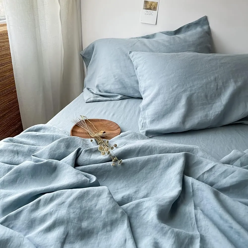 Simple&Opulence 100% Linen Pillowcases Basic Style Solid Color Set of 2, Queen Size Stone Washed Flax Pillow Cover Envelope Closure (20''x30'', Dusty Blue)