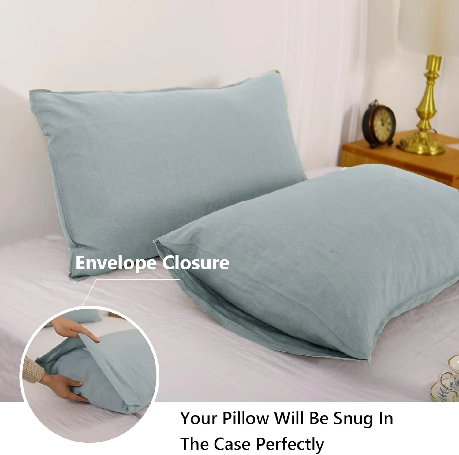 Simple&Opulence 100% Linen Pillowcases Basic Style Solid Color Set of 2, Queen Size Stone Washed Flax Pillow Cover Envelope Closure (20''x30'', Dusty Blue)