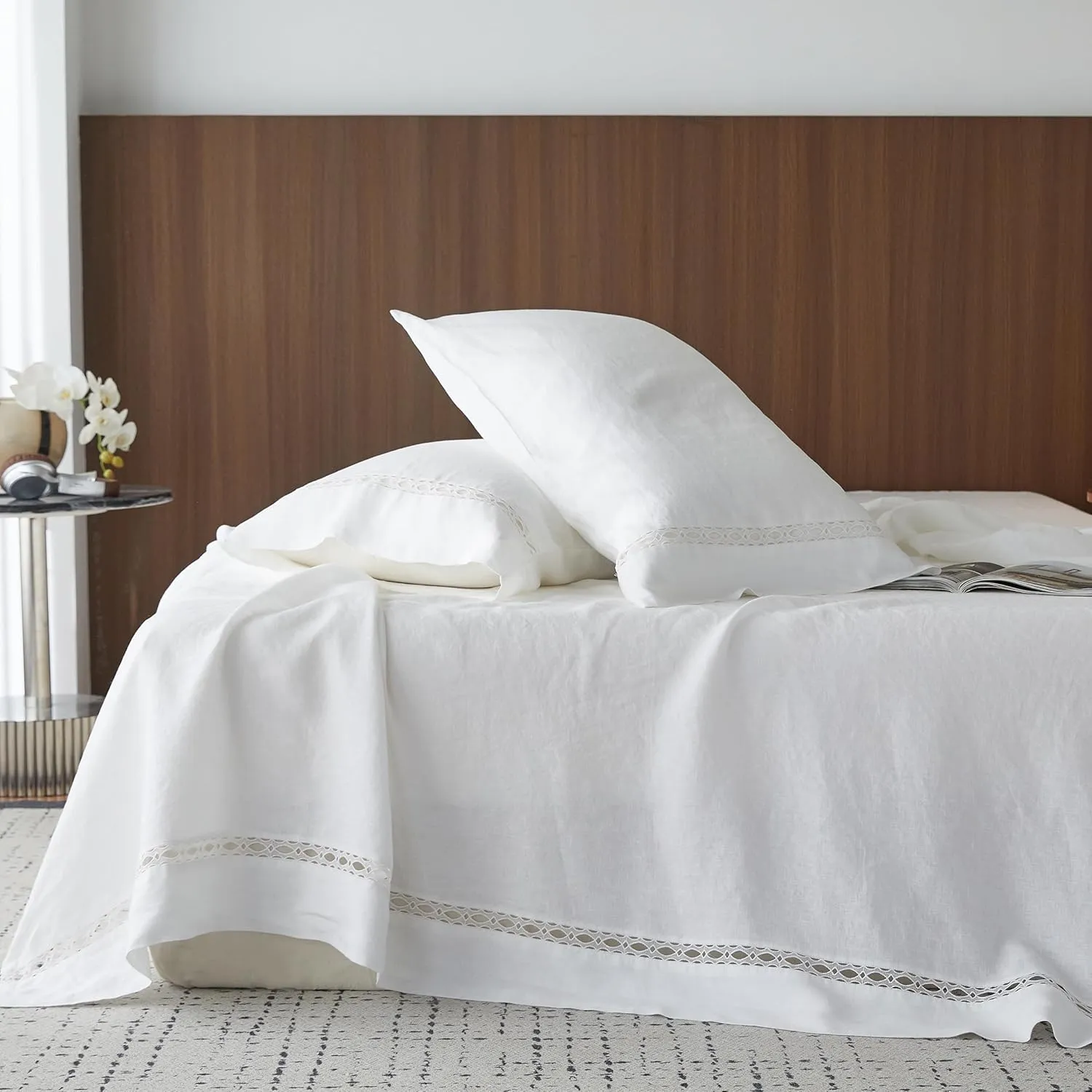 Simple&Opulence 100% Washed Linen Sheet Set-Natural French Flax Bed Sheet-4 Pcs Breathable,Ultra Soft,Farmhouse Bedding (1 Flat Sheet,1 Fitted Sheet,2 Pillowcases) with Lace Hemstitch-White, King