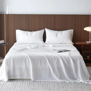 Simple&Opulence 100% Washed Linen Sheet Set-Natural French Flax Bed Sheet-4 Pcs Breathable,Ultra Soft,Farmhouse Bedding (1 Flat Sheet,1 Fitted Sheet,2 Pillowcases) with Lace Hemstitch-White, King