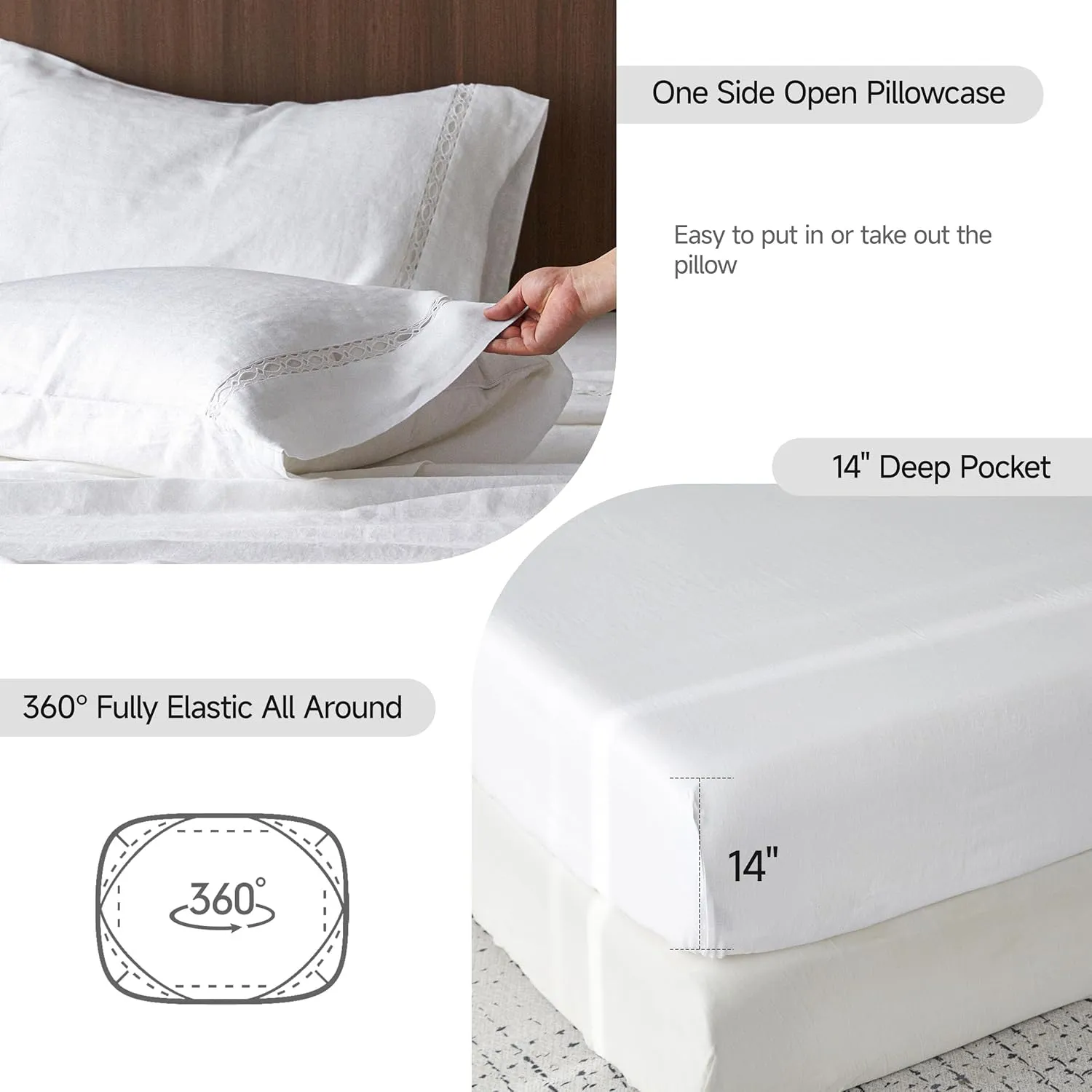 Simple&Opulence 100% Washed Linen Sheet Set-Natural French Flax Bed Sheet-4 Pcs Breathable,Ultra Soft,Farmhouse Bedding (1 Flat Sheet,1 Fitted Sheet,2 Pillowcases) with Lace Hemstitch-White, King