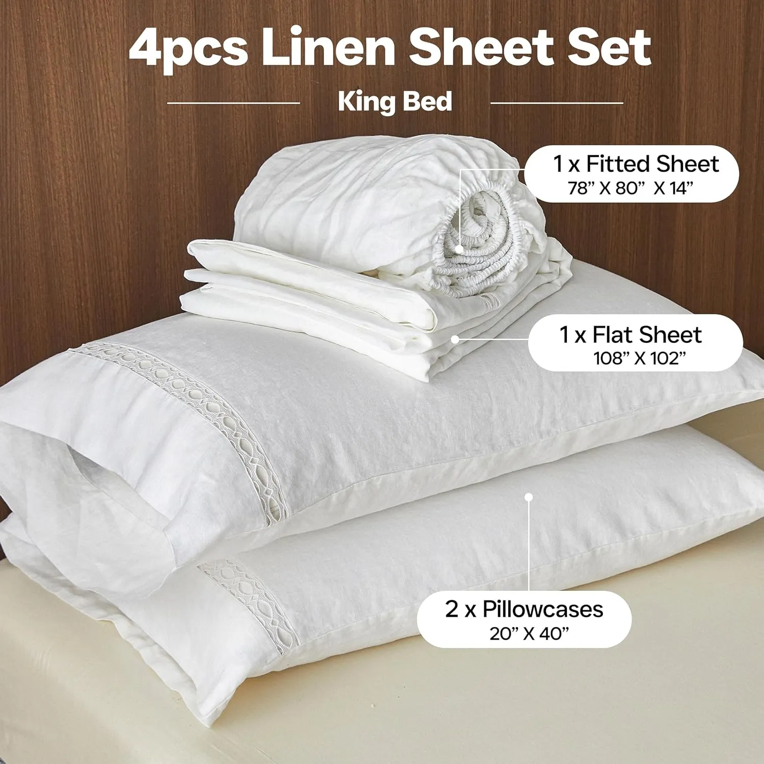Simple&Opulence 100% Washed Linen Sheet Set-Natural French Flax Bed Sheet-4 Pcs Breathable,Ultra Soft,Farmhouse Bedding (1 Flat Sheet,1 Fitted Sheet,2 Pillowcases) with Lace Hemstitch-White, King