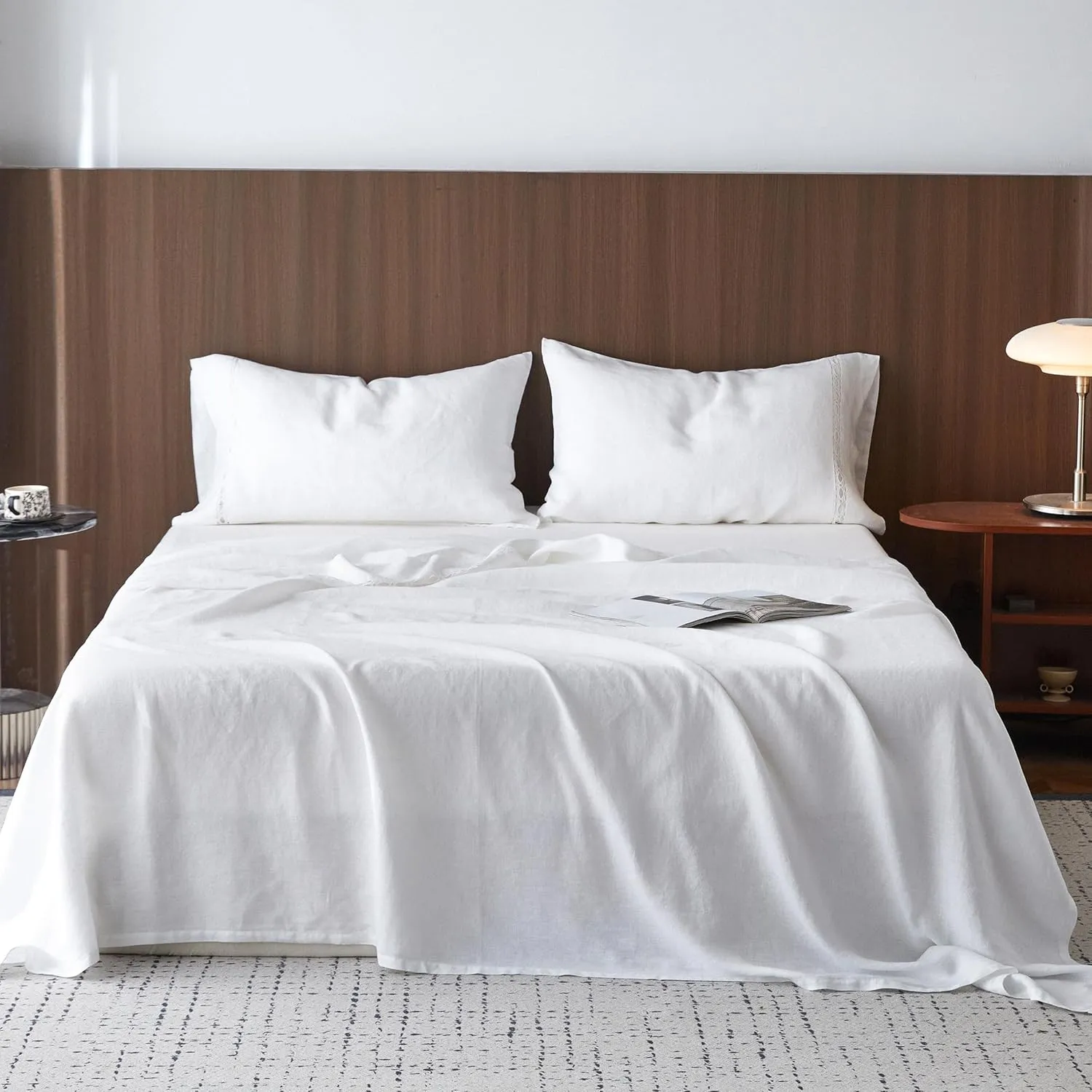 Simple&Opulence 100% Washed Linen Sheet Set-Natural French Flax Bed Sheet-4 Pcs Breathable,Ultra Soft,Farmhouse Bedding (1 Flat Sheet,1 Fitted Sheet,2 Pillowcases) with Lace Hemstitch-White, King