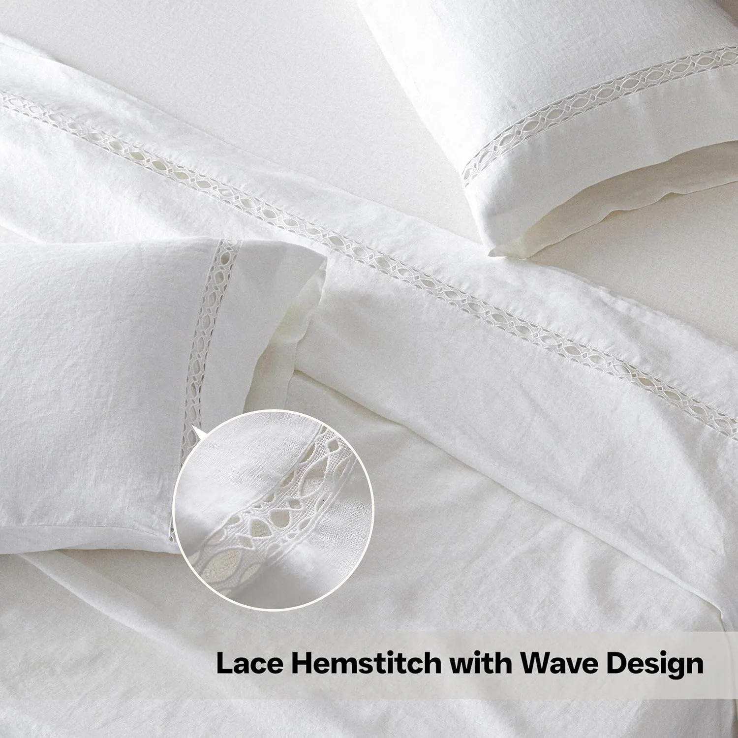 Simple&Opulence 100% Washed Linen Sheet Set-Natural French Flax Bed Sheet-4 Pcs Breathable,Ultra Soft,Farmhouse Bedding (1 Flat Sheet,1 Fitted Sheet,2 Pillowcases) with Lace Hemstitch-White, King