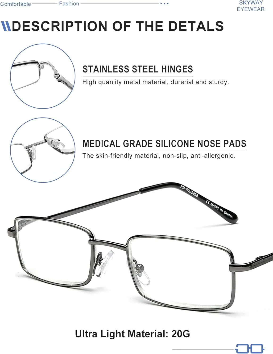 SKYWAY Mens Reading Glasses Blue Light Blocking, Stylish Metal Frame Computer Readers for Men Anti Glare UV Protection