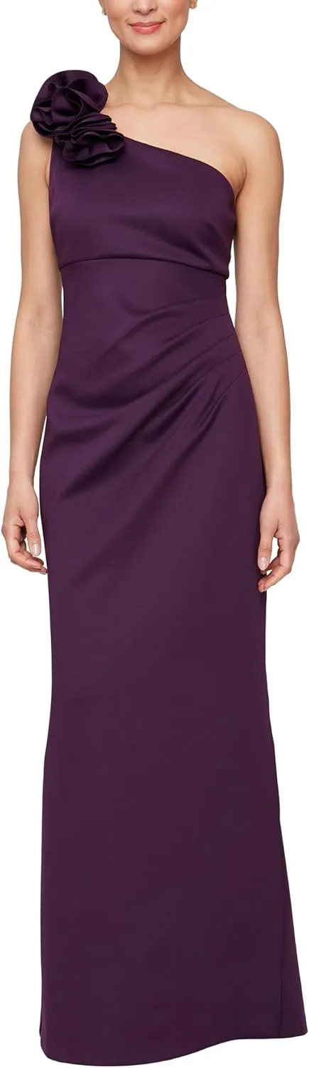 S.L. Fashions Women's Long Length Scuba One Shoulder Gown W/Flower Detail, Wedding Guest Dress, (Petite and Regular Sizes)