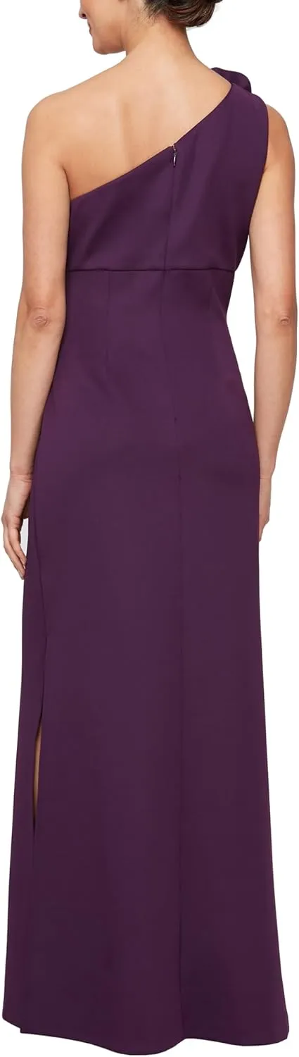 S.L. Fashions Women's Long Length Scuba One Shoulder Gown W/Flower Detail, Wedding Guest Dress, (Petite and Regular Sizes)