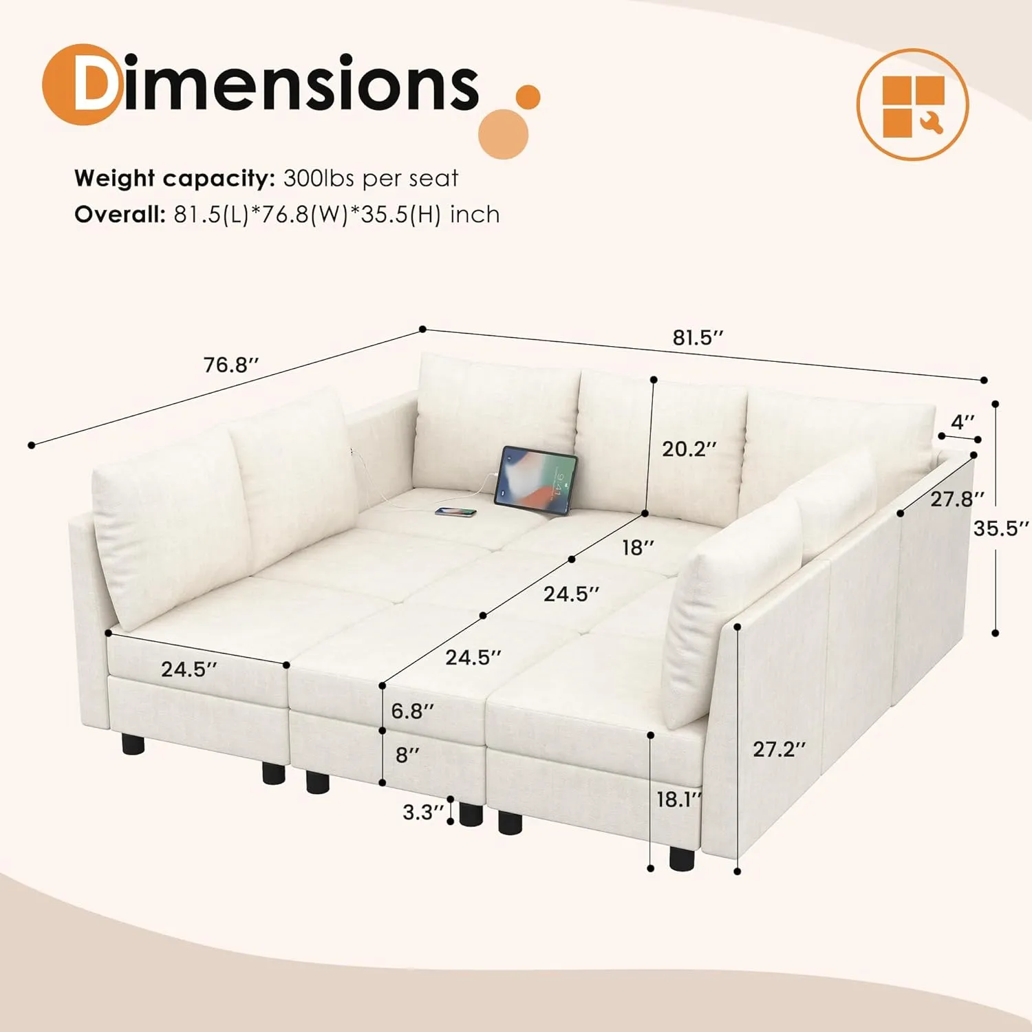 Sleeper Sofa Set, 9 Seats Modular Sleeper Couch with Storage Seat, Sectional Sofa with USB Charging Port, Modern Comfy Chenille Couch for Living Room, Beige