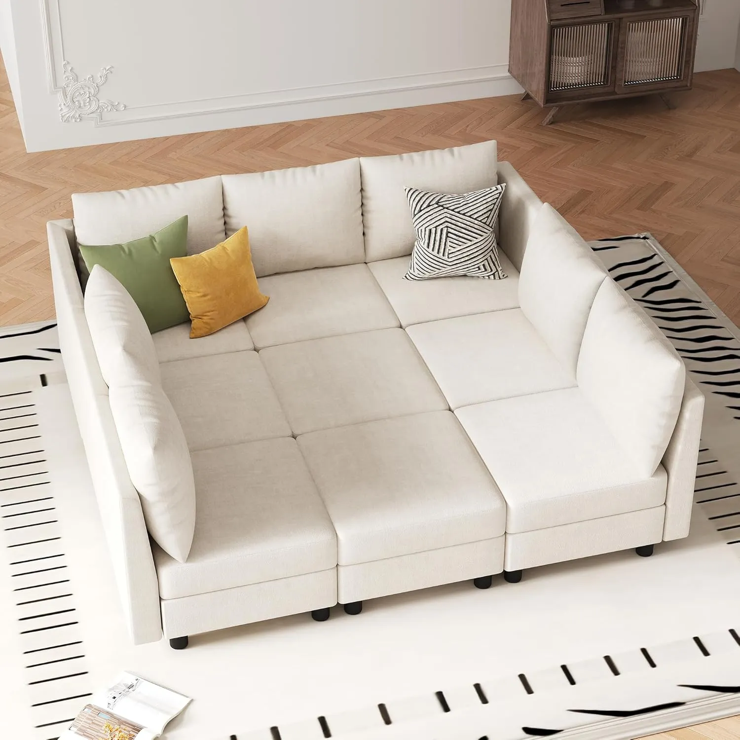 Sleeper Sofa Set, 9 Seats Modular Sleeper Couch with Storage Seat, Sectional Sofa with USB Charging Port, Modern Comfy Chenille Couch for Living Room, Beige