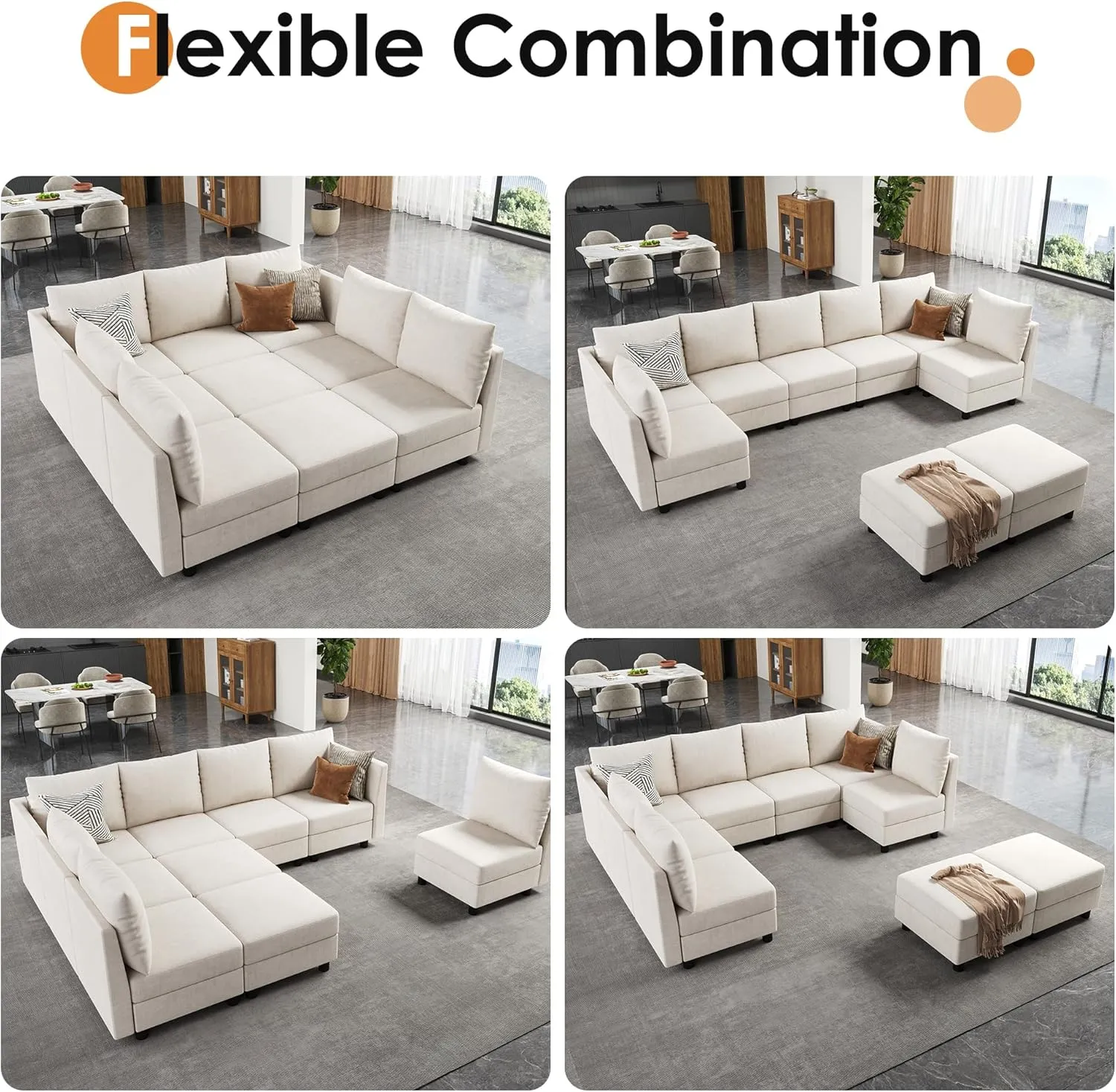 Sleeper Sofa Set, 9 Seats Modular Sleeper Couch with Storage Seat, Sectional Sofa with USB Charging Port, Modern Comfy Chenille Couch for Living Room, Beige
