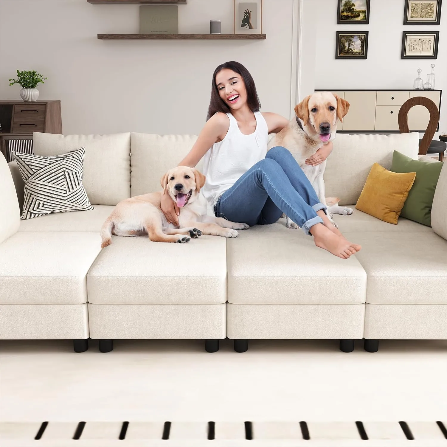 Sleeper Sofa Set, 9 Seats Modular Sleeper Couch with Storage Seat, Sectional Sofa with USB Charging Port, Modern Comfy Chenille Couch for Living Room, Beige