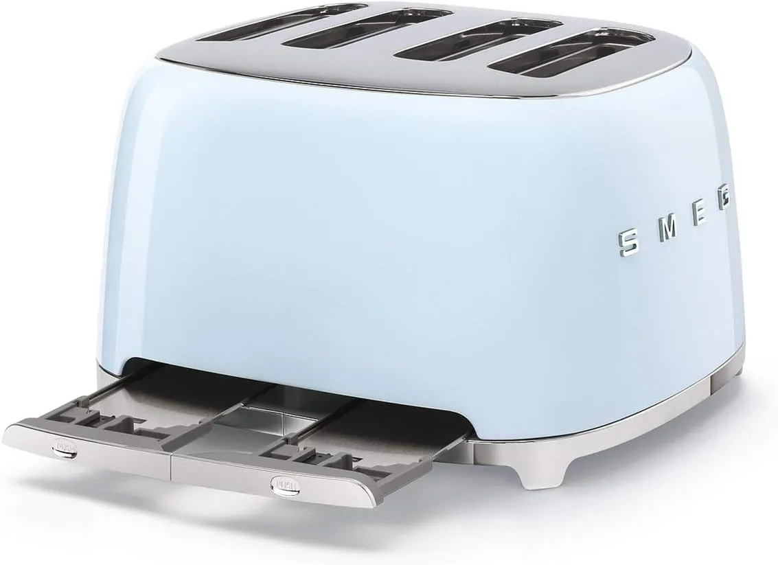 Smeg 50s Retro 4-Slot Toaster TSF03PBUS Bundle with Bamboo Tongs - Pastel Blue