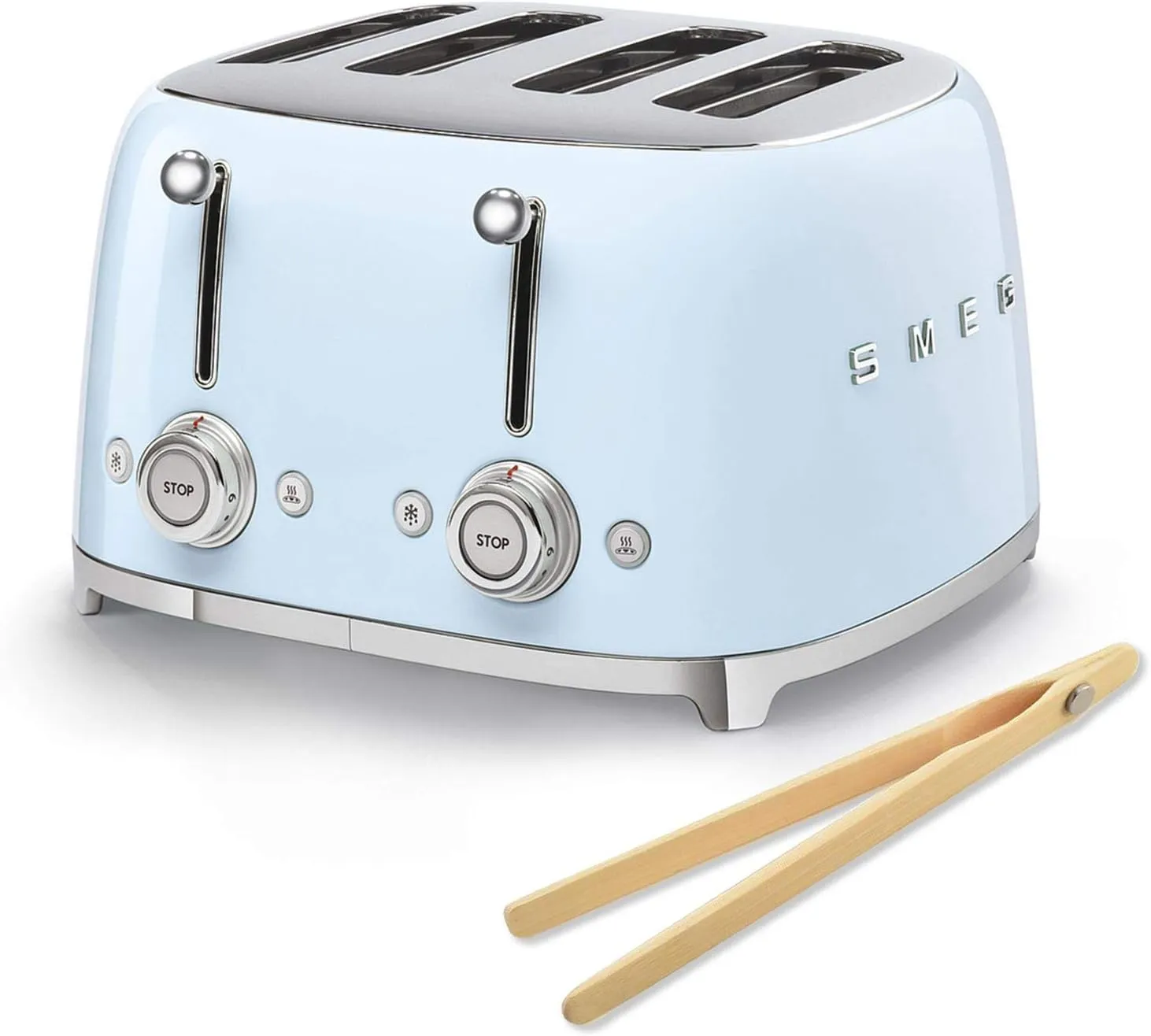 Smeg 50s Retro 4-Slot Toaster TSF03PBUS Bundle with Bamboo Tongs - Pastel Blue