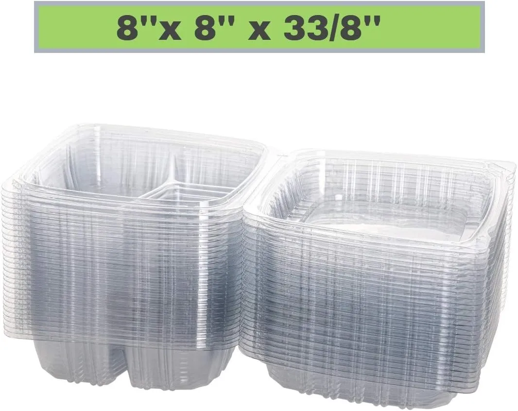 Smygoods Plastic Clamshell Food Containers, (Pack of 50-8x8x3 3/8) 3-Compartment, to go Containers, Hinged Food Container