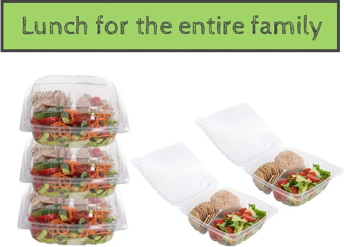 Smygoods Plastic Clamshell Food Containers, (Pack of 50-8x8x3 3/8) 3-Compartment, to go Containers, Hinged Food Container