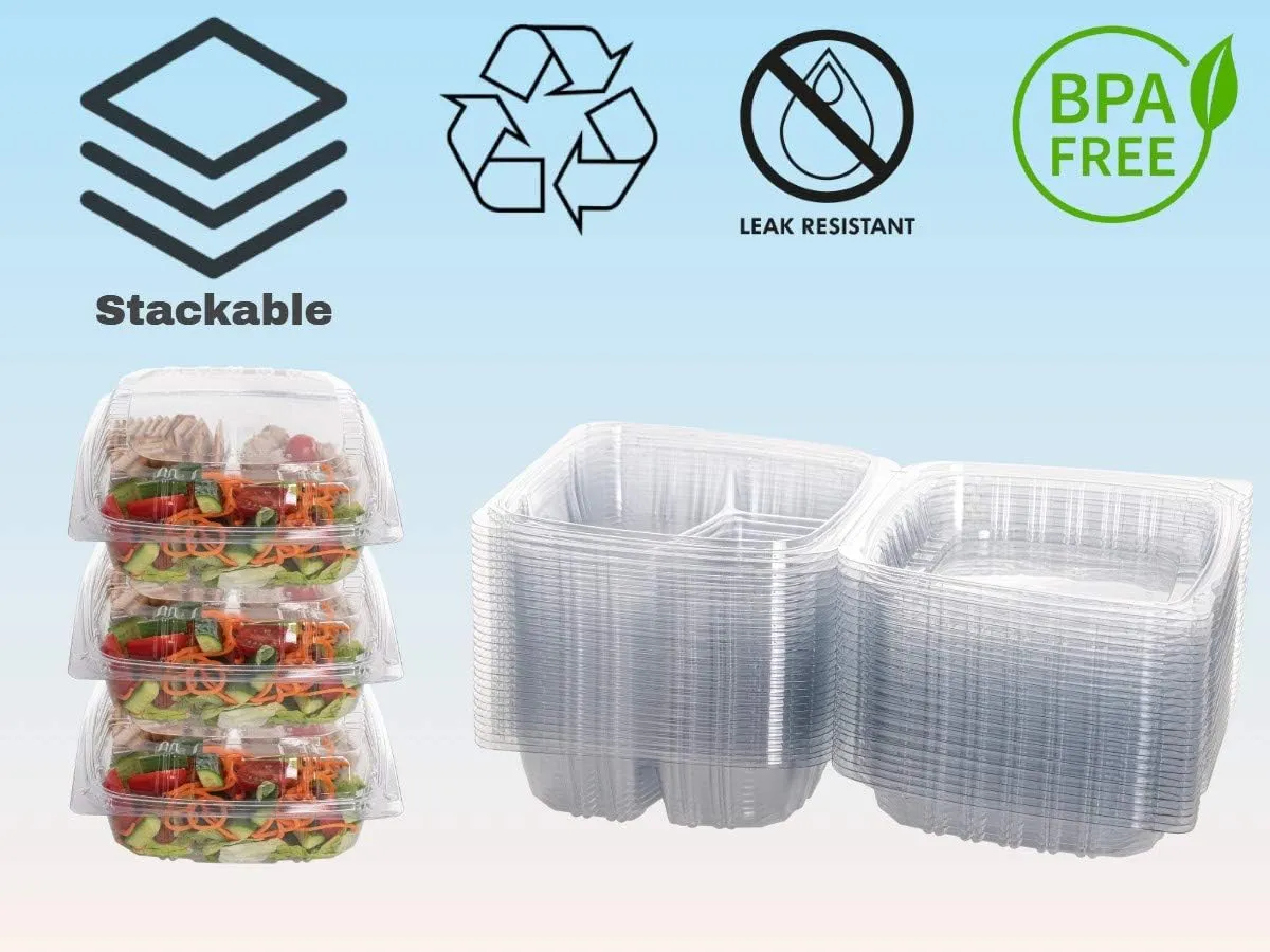 Smygoods Plastic Clamshell Food Containers, (Pack of 50-8x8x3 3/8) 3-Compartment, to go Containers, Hinged Food Container