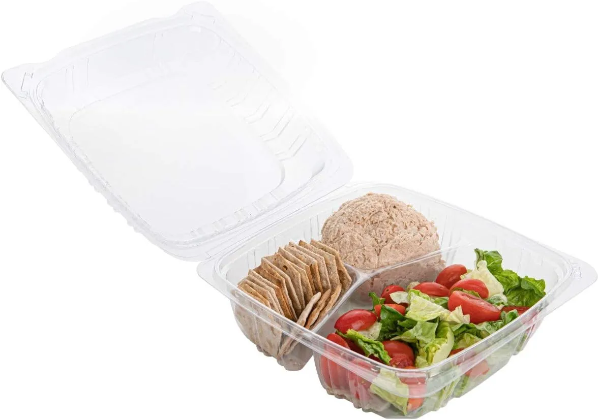 Smygoods Plastic Clamshell Food Containers, (Pack of 50-8x8x3 3/8) 3-Compartment, to go Containers, Hinged Food Container