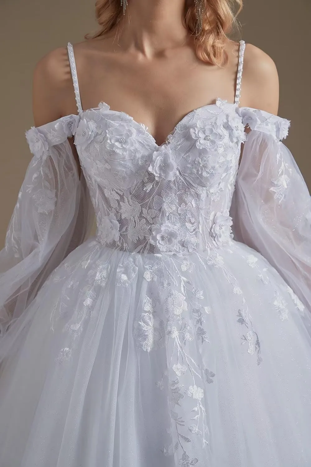SoDigne Wedding Dresses for Bride 2025 Lace Applique Long Sleeve Tulle Summer Bridal Gowns for Women