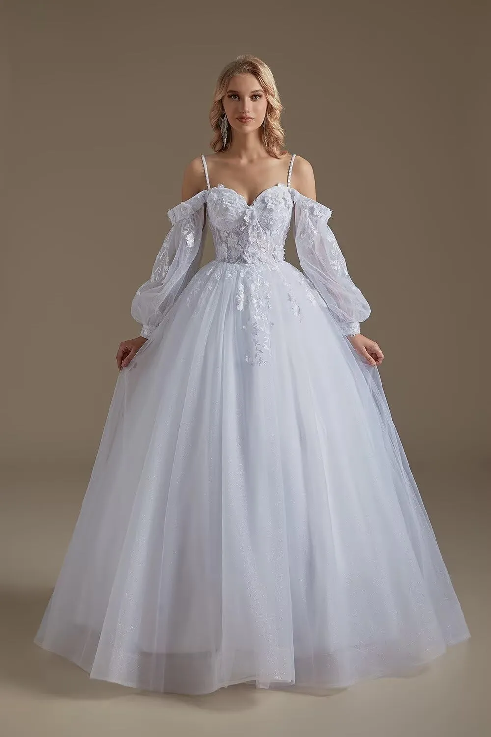 SoDigne Wedding Dresses for Bride 2025 Lace Applique Long Sleeve Tulle Summer Bridal Gowns for Women