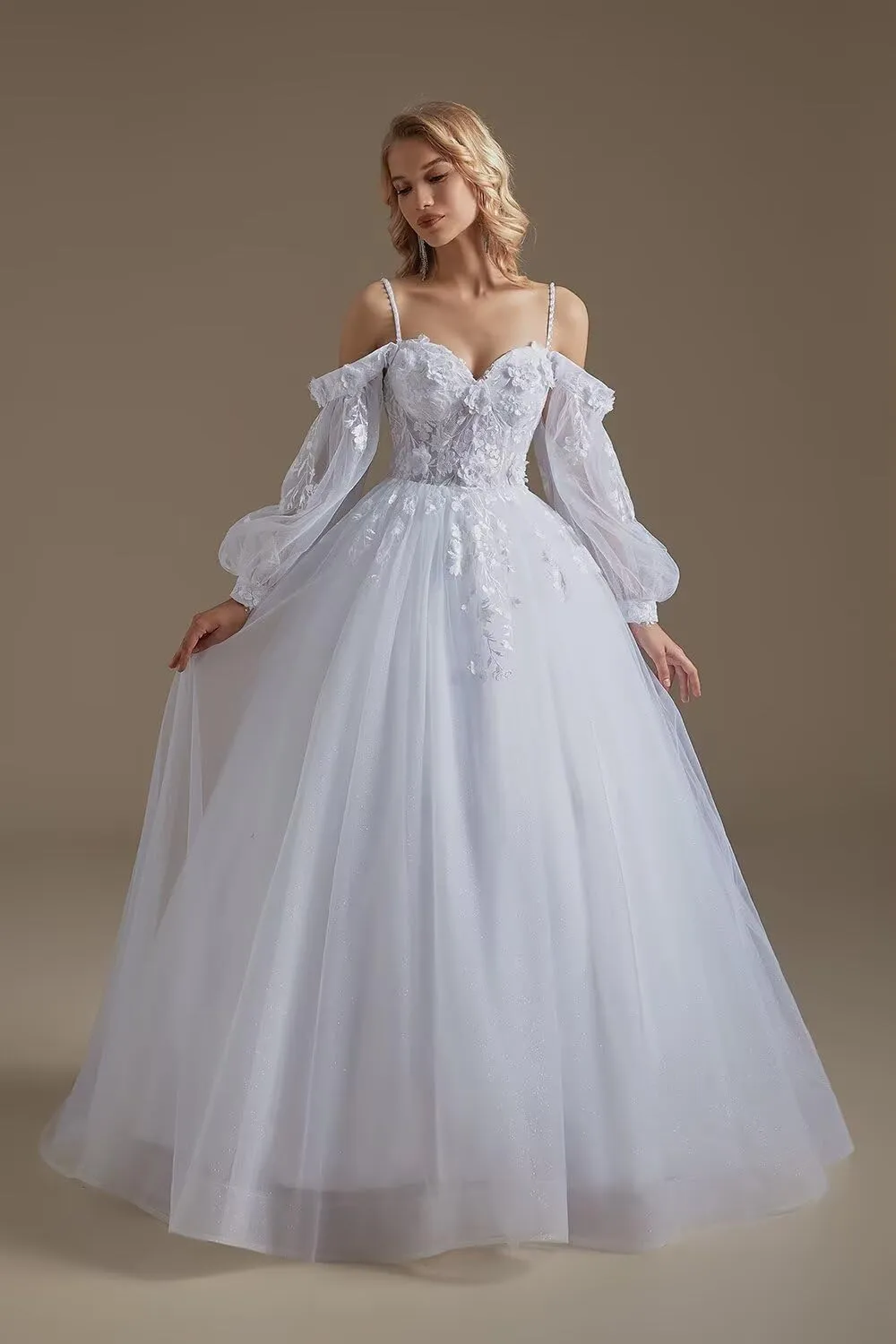 SoDigne Wedding Dresses for Bride 2025 Lace Applique Long Sleeve Tulle Summer Bridal Gowns for Women