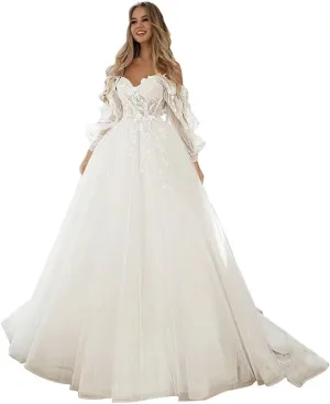 SoDigne Wedding Dresses for Bride 2025 Lace Applique Long Sleeve Tulle Summer Bridal Gowns for Women