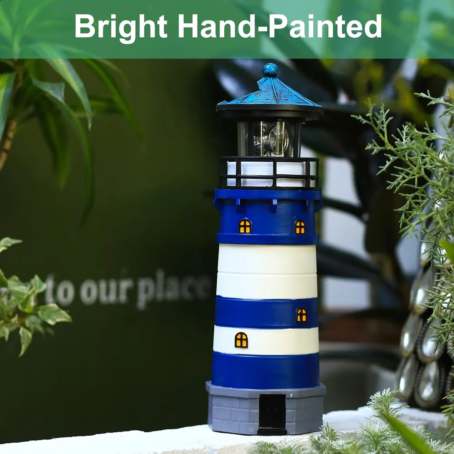 Solar Powered Lighthouse Decor, Solar Lighthouse with Rotating Beacon, 360 Degree Rotating Lighthouse Decoration, Best Lighthouse Gifts for Children(Round Blue)