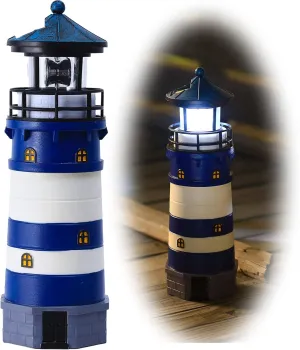 Solar Powered Lighthouse Decor, Solar Lighthouse with Rotating Beacon, 360 Degree Rotating Lighthouse Decoration, Best Lighthouse Gifts for Children(Round Blue)