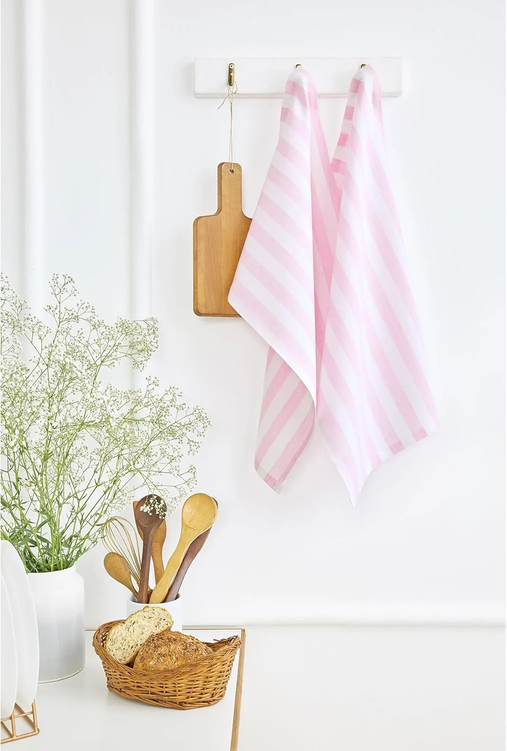 Solino Home Linen Kitchen Towels Set of 2 - Pink and White 17 x 26 Inch - 100% Pure Linen Sorrento Stripe Kitchen/Tea Towels - Machine Washable and Handcrafted from European Flax