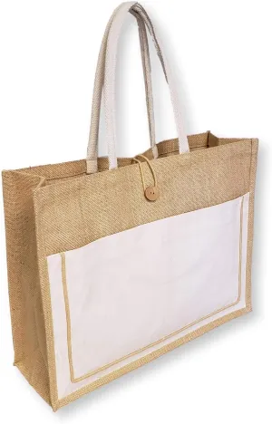 SONA G DESIGNS Vintage Style Jute with Black Cotton Pocket Reusable Large Tote Grocery Shopping Bag
