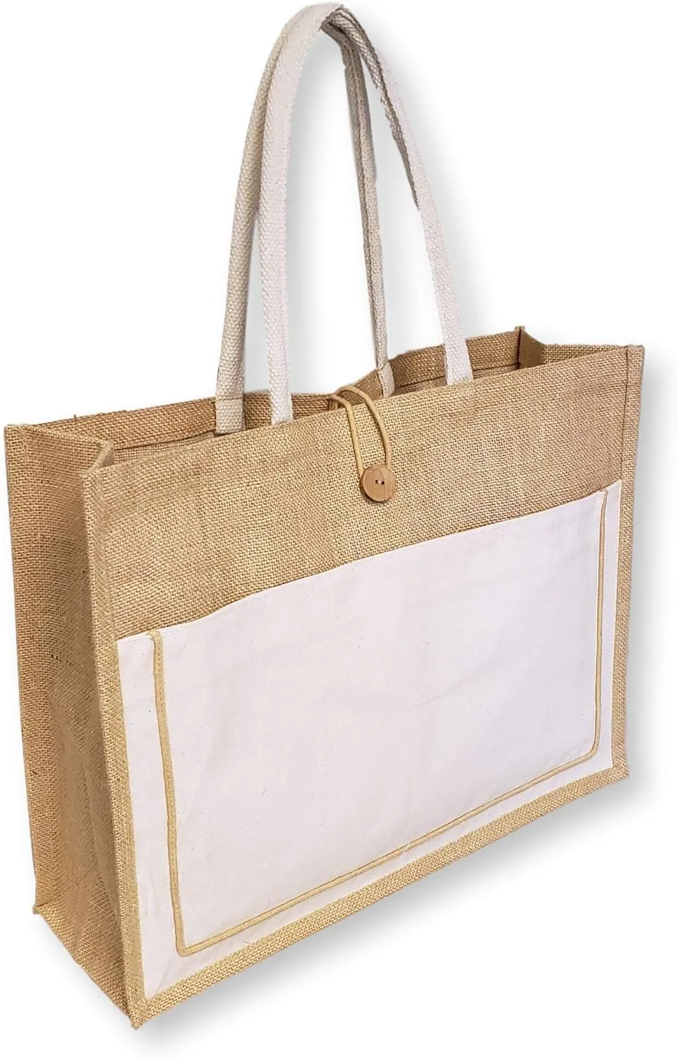 SONA G DESIGNS Vintage Style Jute with Black Cotton Pocket Reusable Large Tote Grocery Shopping Bag