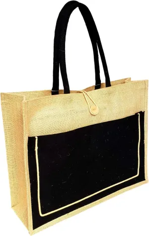 SONA G DESIGNS Vintage Style Jute with Black Cotton Pocket Reusable Large Tote Grocery Shopping Bag