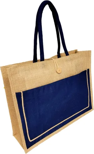 SONA G DESIGNS Vintage Style Jute with Black Cotton Pocket Reusable Large Tote Grocery Shopping Bag
