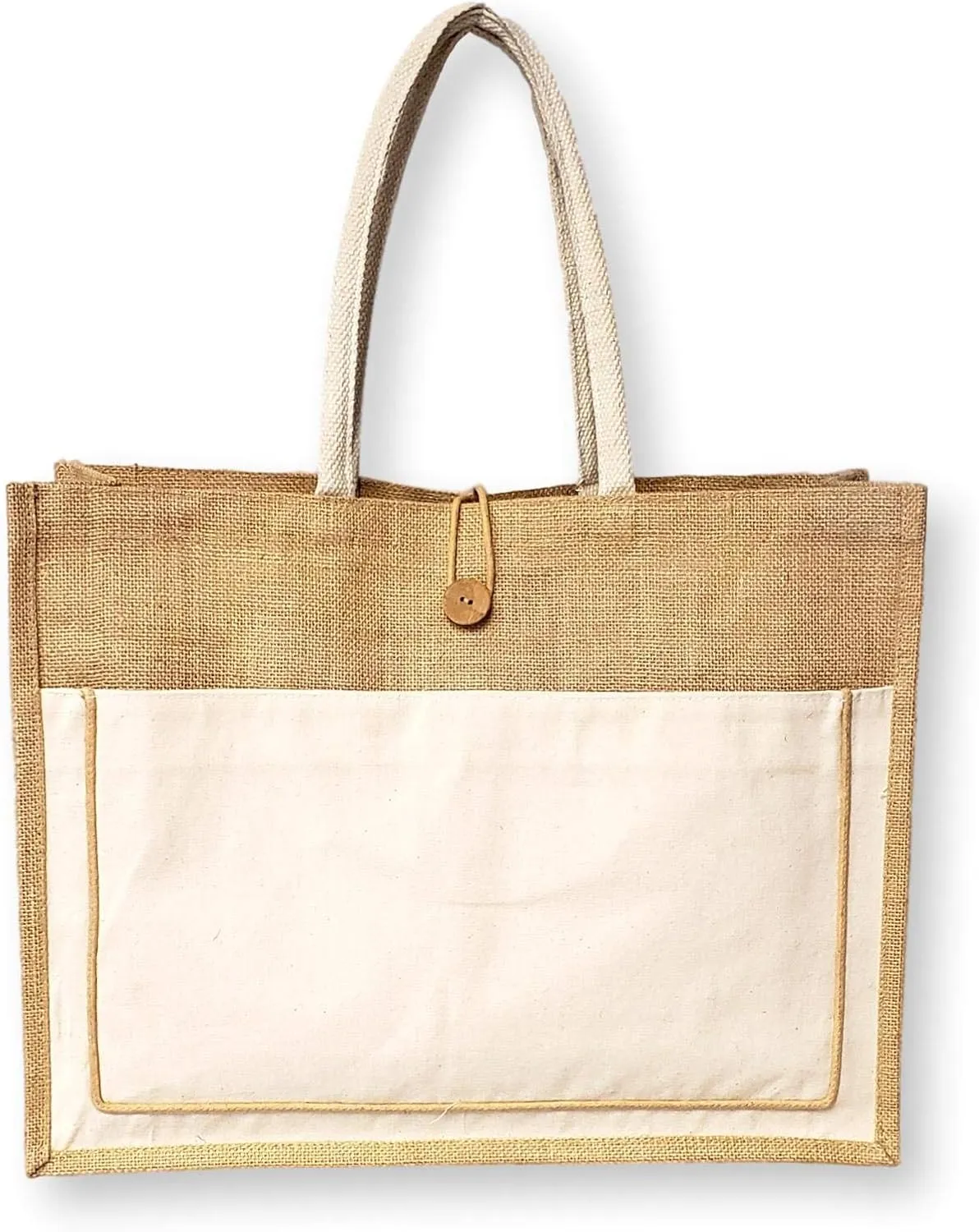 SONA G DESIGNS Vintage Style Jute with Black Cotton Pocket Reusable Large Tote Grocery Shopping Bag