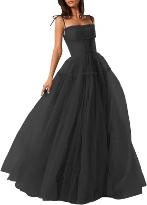 Spaghetti Straps Prom Dresses Tulle Long Formal Evening Party Gowns for Women Backless Bridesmaid Dress A-Line
