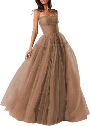 Spaghetti Straps Prom Dresses Tulle Long Formal Evening Party Gowns for Women Backless Bridesmaid Dress A-Line