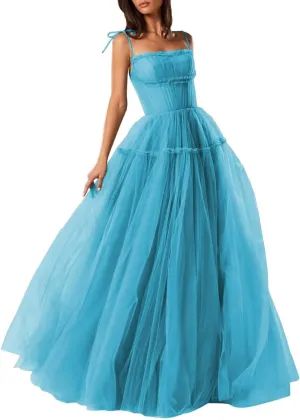 Spaghetti Straps Prom Dresses Tulle Long Formal Evening Party Gowns for Women Backless Bridesmaid Dress A-Line